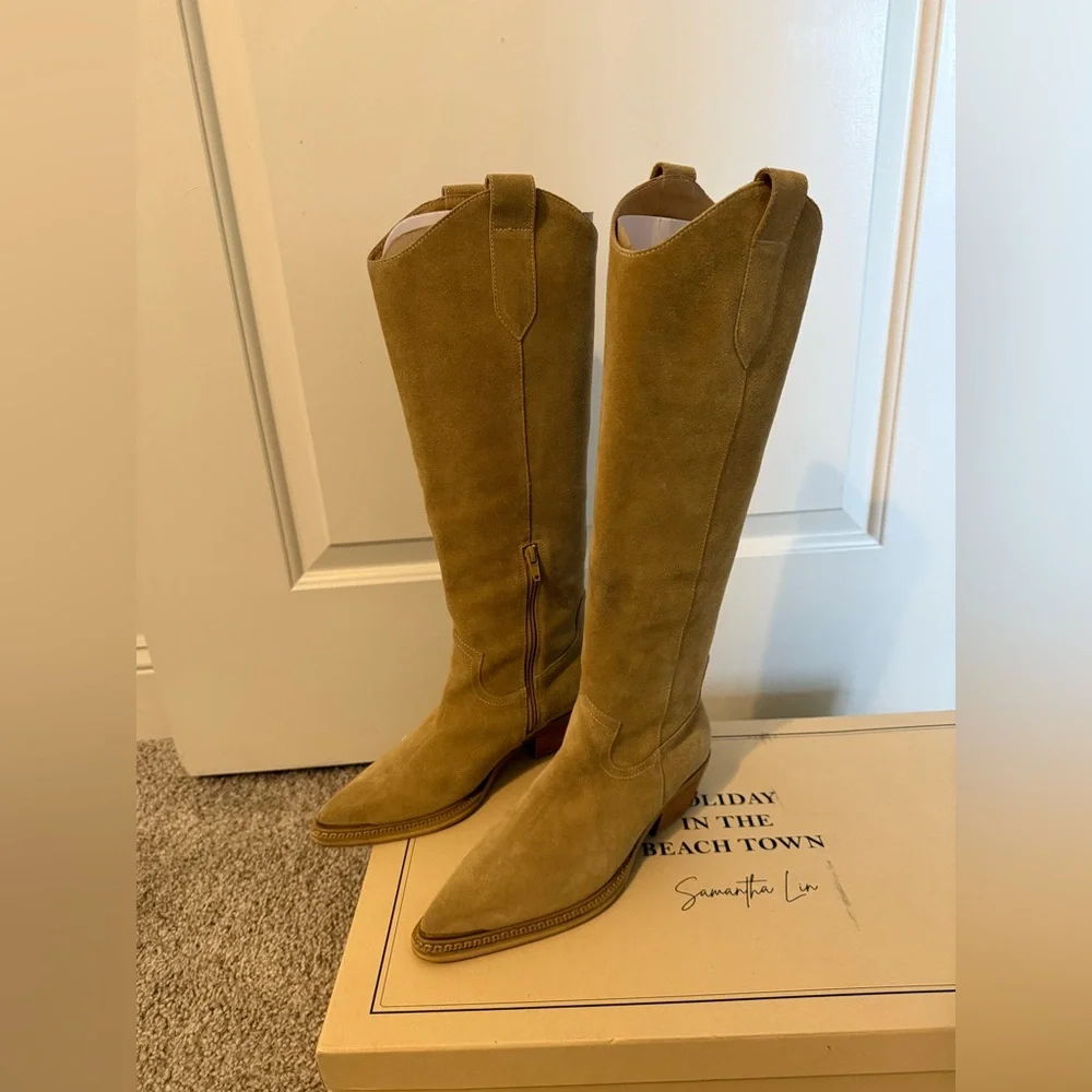 Grace Gift X Samantha Lin Leather V-Cut Western Block Heel Long Boots Beige 23.5 - Picture 15 of 16